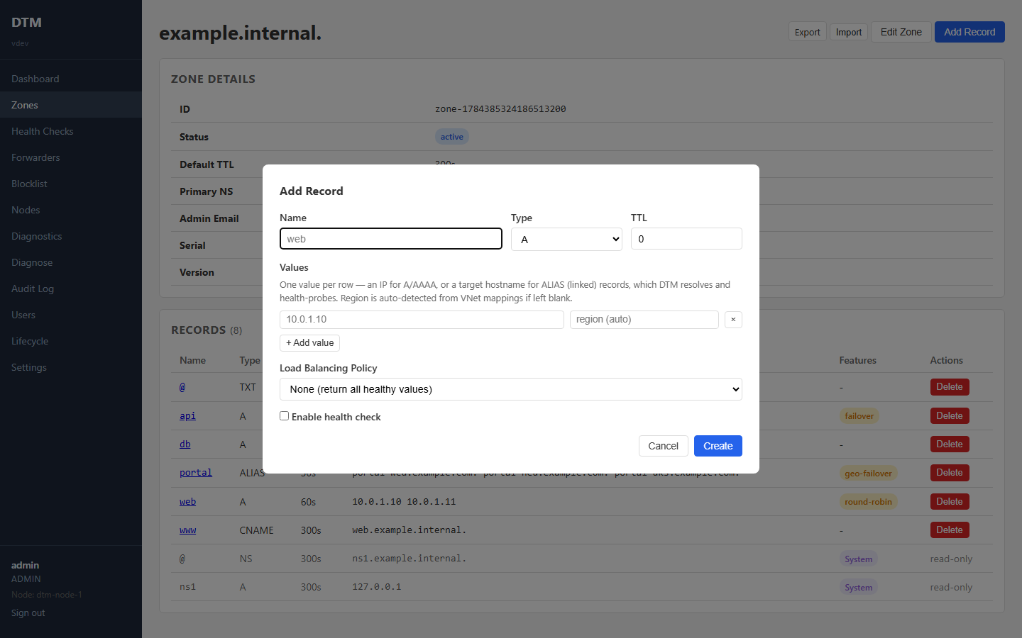 The Add Record form, with name, type and TTL fields, one value row per backend, a load-balancing policy selector, and an Enable health check option